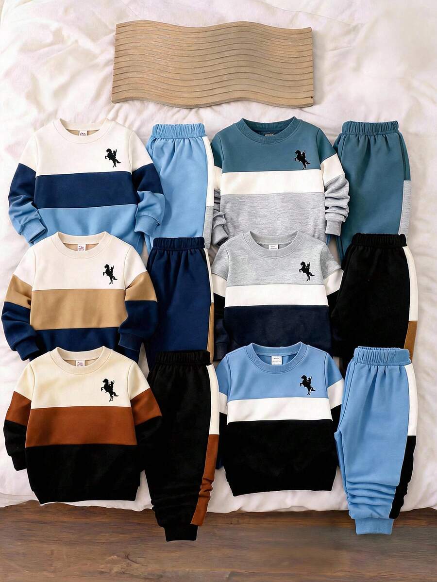 Young Boy Casual Minimalist Colorblock 3 PiecesLong Sleeve Sweatshirt Set, Suitable For Summer Street Comfortable Vacation School Squishy Matching Set - Multicolor - View 1