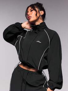 StreetHx Women Contrast Trim Drawstring Hem Jacket With Long Pants Activewear Set Tracksuits Set - Black - View 6