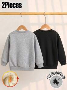 Elladie kids 2件組中性女童純色馬刺繡長袖衛衣，精緻刺繡圓領上衣，適合冬季校園、日常、開學、度假、外出等多用途穿著 - 彩色 - 查看 2
