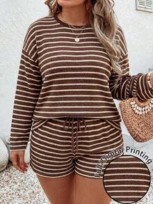 SHEIN LUNE 女款秋冬新款熱銷拼色條紋印花休閒百搭大尺碼兩件套 - 彩色 - 查看 1