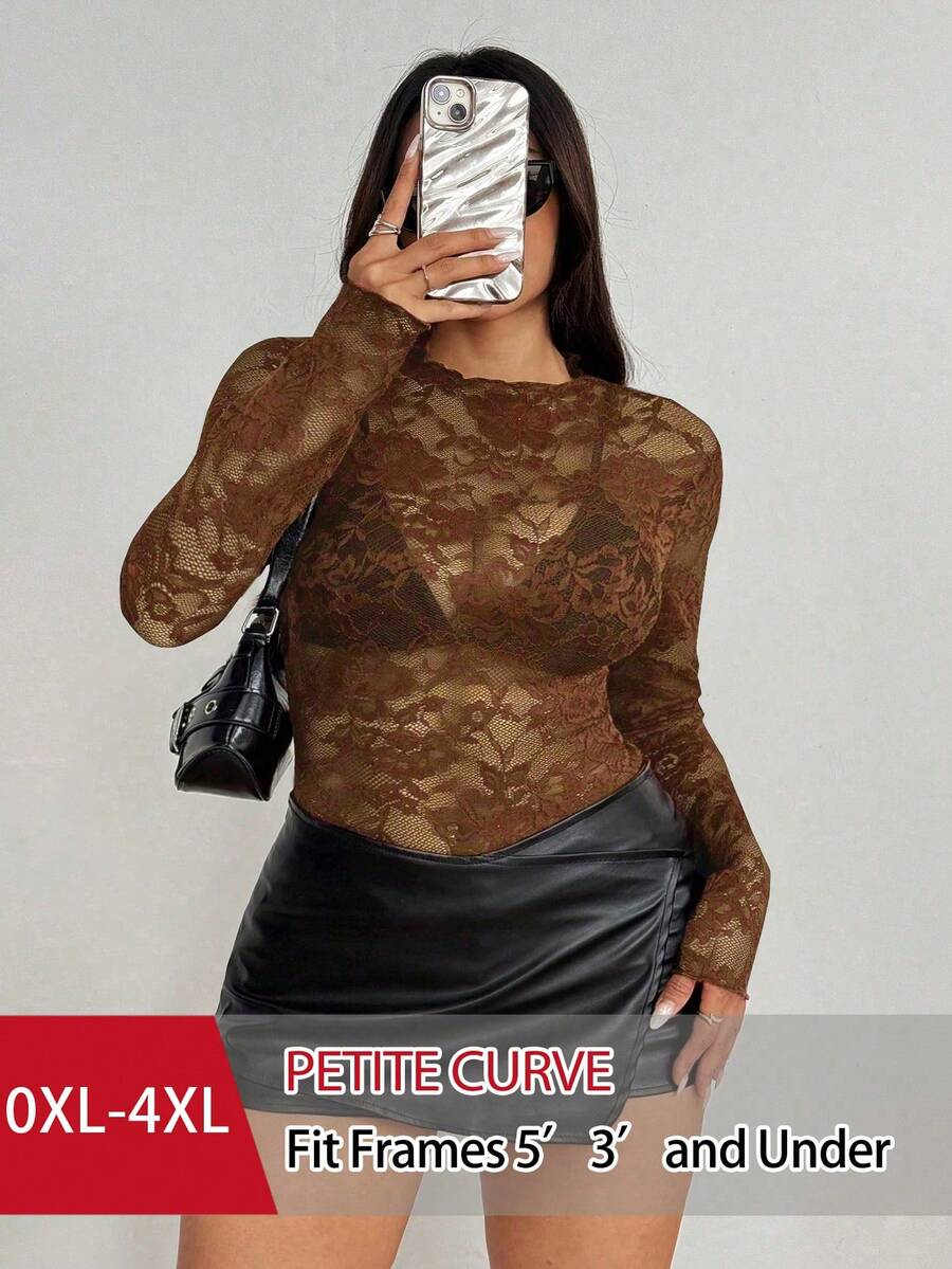 SHEIN PETITE 大尺碼女款透視蕾絲長袖圓領休閒修身夏季上衣 假領棕色短版優雅襯衫 T-shirt 適合夜店派對 - 棕色 - 查看 1