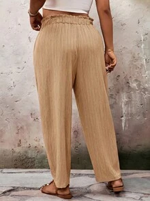 SHEIN VCAY بنطلون طويل كاجوال متعدد الاستخدامات للارتداء اليومي للنساء بمقاسات كبيرة بلون موحد وخصر برباط شد - كاكي - مشاهدة 2