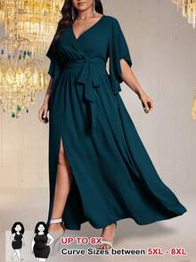 SHEIN CURVE+ Plus Size Women's Woven Solid Color Fitted V-Neck Bell Sleeve Tie Waist Ruched Slit Elegant Party Dress - Teal Blue - View 1