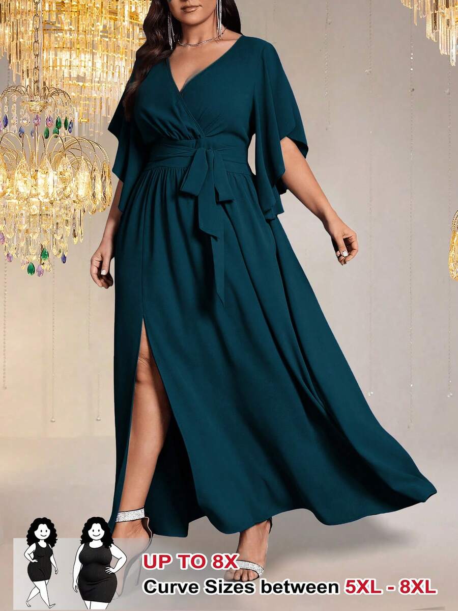 SHEIN CURVE+ Plus Size Women's Woven Solid Color Fitted V-Neck Bell Sleeve Tie Waist Ruched Slit Elegant Party Dress - Teal Blue - View 1