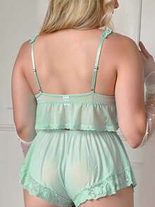 PetitDoll 2pcs Lace Contrast Mesh Plus Size Sexy Wireless Bra - Mint Green - View 2
