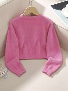 SHEIN Tween女孩秋冬針織開襟毛衣新品，獨特設計，毛茸茸質感，可搭配T恤、背心、細肩帶洋裝、芭蕾舞裙、洋裝等，清新亮眼且風格鮮明，適合家庭時光、聚會、戶外活動與假期派對，ICON女孩必備 - 玫紅色 - 查看 2