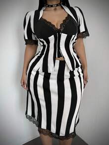 Whyspr Halloween Cosplay Light Punk Striped Colorblock Lace Halloween Gothic Elegant Commute Short Sleeve Skirt Short Plus Size 2 Pieces Set Women's Hallowee - Black and White - View 2