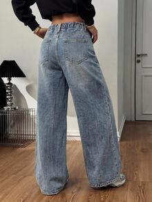 SHEIN Teen Girl Basic Simple And Comfortable Fringed Design Nostalgic Loose Fit Jeans Black To School - Blue - View 2