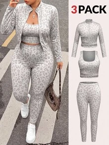 SHEIN EZwear 大尺碼女款豹紋內搭上衣、長袖開襟衫與高腰長褲休閒日常穿搭套裝 - 彩色 - 查看 1