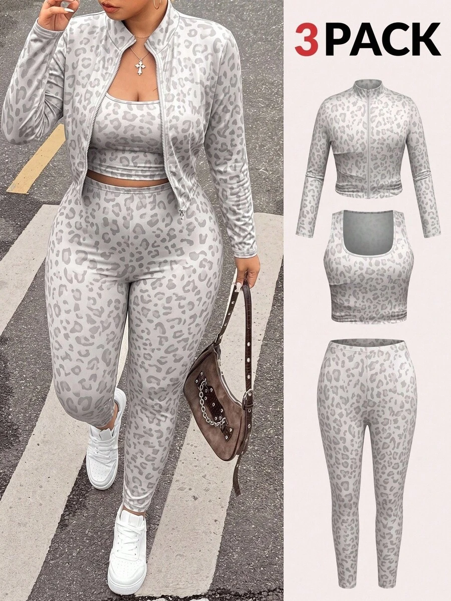 SHEIN EZwear 大尺碼女款豹紋內搭上衣、長袖開襟衫與高腰長褲休閒日常穿搭套裝 - 彩色 - 查看 1