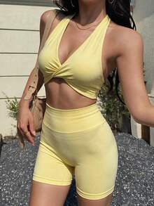 Sunnyshic Sports Twist Knot Bra With Removable Cups, Hollow Back Design, Fashionable Pale Yellow Lingerie Gym Summer Athleisure Modest Workout Active Casual Gym - Yellow - View 5