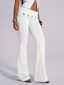TypaGal White Women's Waist Fold Eyelet Design Flare Pants Going Out Night Autumn Sexy - White - View 4