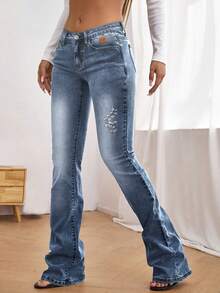 SHEIN Women's Outdoor Fashion Commute Leather Patch Decor Slim Fit Multi-Pocket Blue Jeans - Medium Wash - View 1