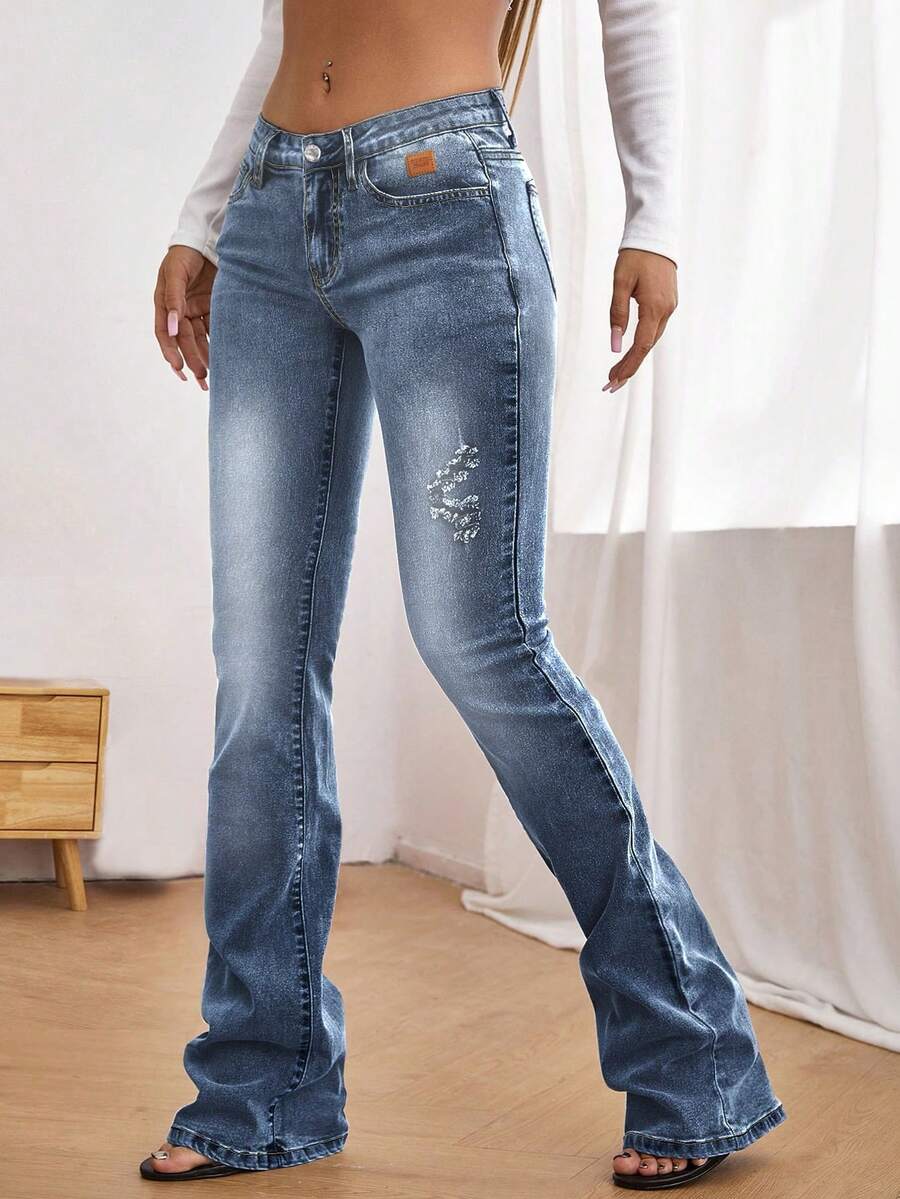 SHEIN Women's Outdoor Fashion Commute Leather Patch Decor Slim Fit Multi-Pocket Blue Jeans - Medium Wash - View 1