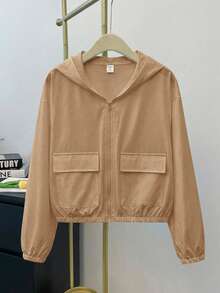 SHEIN Jaket Kasual Longgar Berkerudung untuk Remaja Perempuan, Warna Polos, Bahan Tenun, Dilengkapi Kantong, Cocok untuk Musim Gugur dan Musim Dingin. - Khaki - View 10