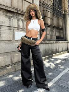 Jeanoix Y2K Women's Fashion Black Wide Leg Long Pants - Black - View 5