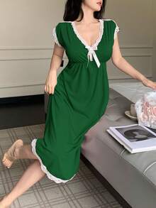 SHEIN 女款深V領蝴蝶結睡裙 - 墨綠色 - 查看 3