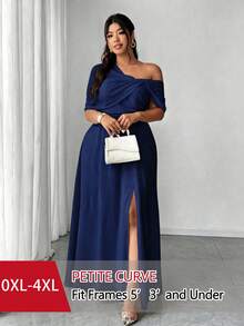 SHEIN PETITE CURVE 大码女式优雅浪漫婚礼宾客礼服，轻盈正式礼服，雪纺单肩开衩连衣裙 - 藏蓝色 - 查看 1