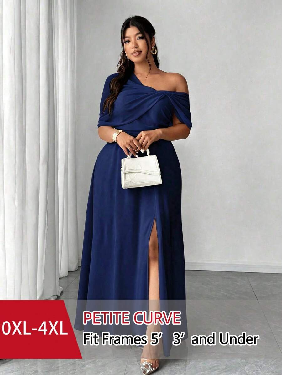 SHEIN PETITE CURVE 大码女式优雅浪漫婚礼宾客礼服,轻盈正式礼服,雪纺单肩开衩连衣裙 - 藏蓝色 - 查看 1