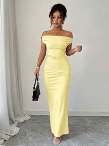 Rafferiza Elegant Ruched Off Shoulder Metallic Accent Formal Dress For Women - Light Yellow - View 6