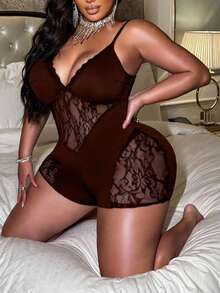 SHEIN CURVE+ 大码女士性感蕾丝拼接连体裤 - 棕色 - 查看 6