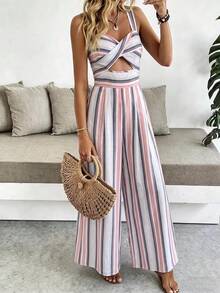 SHEIN VCAY 女款春夏時尚優雅浪漫休閒日常穿搭扭繩飾直筒連身褲，女款條紋連身褲 - 彩色 - 查看 10
