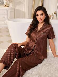 LuxeNights Women's Faux Silk Jacquard Lace Trim Open Front Lapel Pajama Set Sleep Home Brown Striped Summer Elegant Fluffy - Coffee Brown - View 4