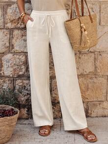 SHEIN Pantalones casuales de lino blanco con bolsillos para mujer, primavera/verano - Beis - Ver 3