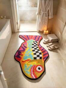 1PC Standard Size Fish Shape Pattern Printed Bath Mat With Non Slip Plastic Base Durable Absorbent Quick Drying Comfortable For Bathroom Floor Living Room Hallway Entryway Home Decor Essential - Multicolor - View 5