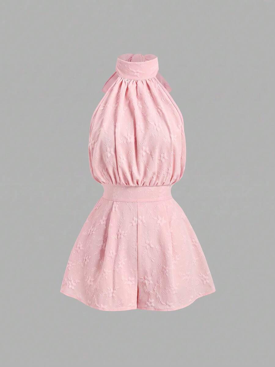 Sweetra Women's Spring/Summer Sweet Pastoral Vacation Casual Daily Street Party Versatile Floral Textured Jacquard Fabric Backless Bowknot Decor Light Yellow Romper - Pink - View 1