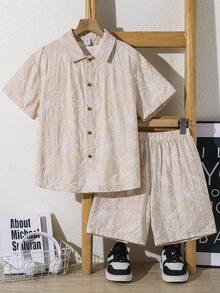 SHEIN 2件組兒童青少年男童夏季休閒度假高級提花面料短袖襯衫與短褲套裝，適用於春/夏季、外出、情人節、約會、旅行、度假、家庭聚會、返校、婚禮季節、晚餐、運動、生日派對 - 杏色 - 查看 6