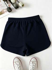 Tween Girl Drawstring Waist Solid Color Casual Daily Shorts - Navy Blue - View 2