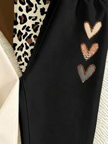 SHEIN 1 SET RANDOM Girls' Crew Neck Sweatshirt Set, Available In All-Over Leopard Print Rabbit, Leopard Print Bow, And Sequin Heart Styles, Paired With Matching Slim-Fit Long Pants, Sweet And Cool Fashionable Design, Suitable For Outings, Shopping, Daily Wear, Spring, Autumn, And Winter - Black - View 5
