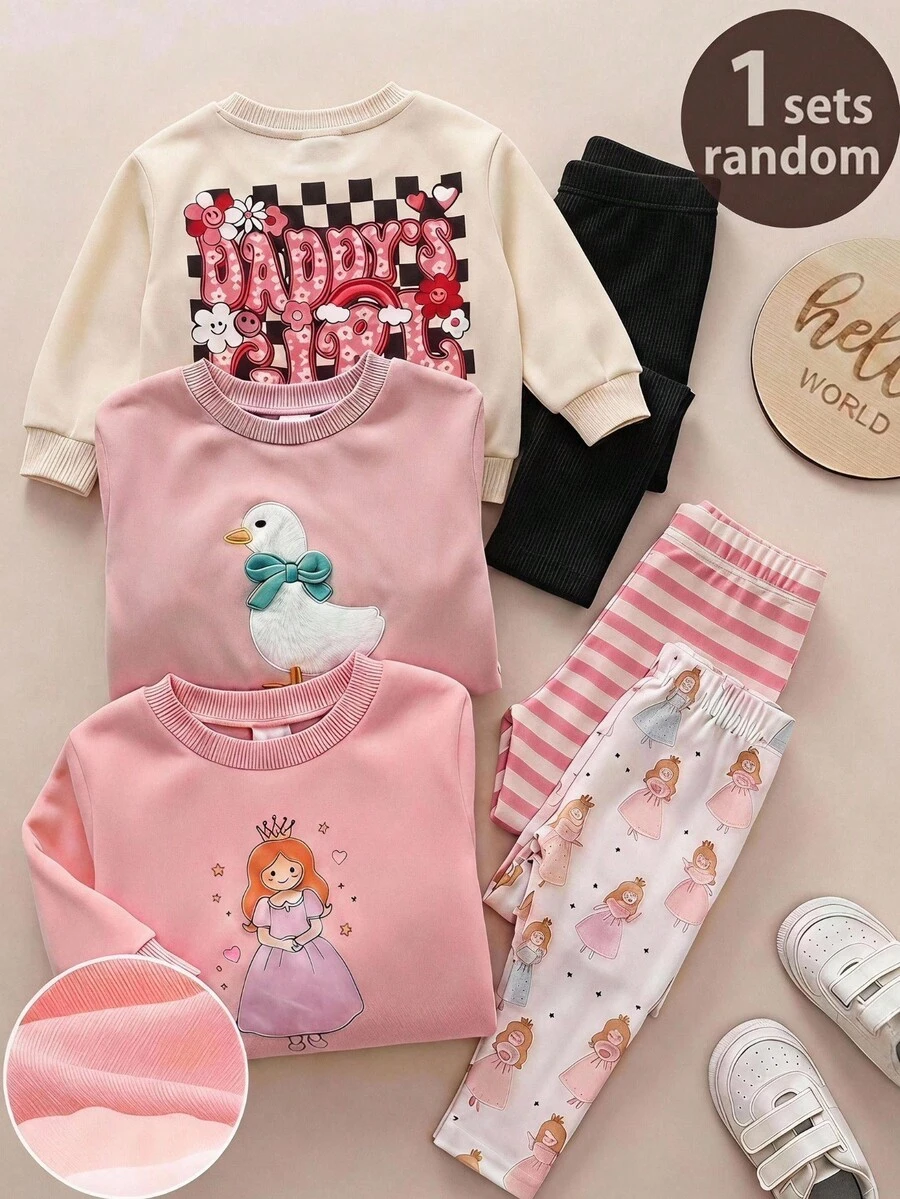SHEIN 女嬰字母印花套頭衛衣 秋冬款 & 高彈力印花內搭褲 - 彩色 - 查看 1