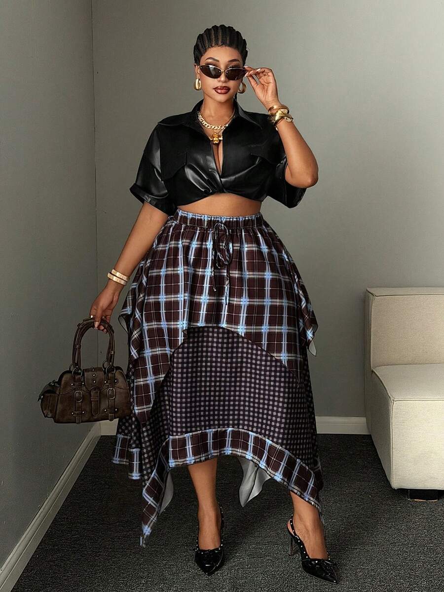 Mawevolt Plus Size Women's Plaid Casual Versatile Daily Wear Skirt - Multicolor - View 1