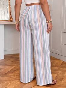 Muchica Light Blue Casual Boho Soft Form Traditional Plus Size Women's Drawstring Waist Wide Leg Long Pants Beach Formal Vacation Autumn - Multicolor - View 2