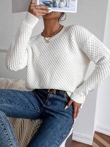 SHEIN Solid Drop Shoulder Round Neck Sweater,Long Sleeve Tops Knit Pullover Fall Winter - White - View 7