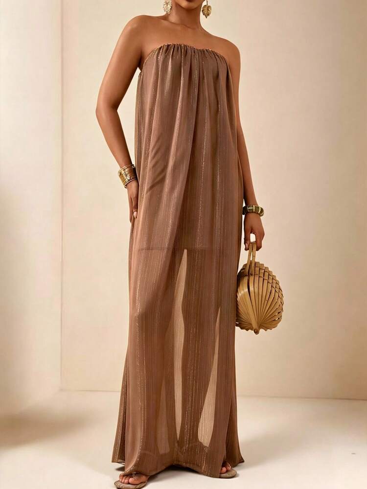 Vesra Women's Strapless Chiffon Long Elegant Dress - Brown - View 4