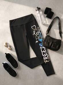 Cheerettes Women's Plus Size Letter Print Casual Versatile Daily Wear Sports Black Leggings High Stretch Breathable Moisture Wicking Graffiti Print Tummy Control - Black - View 2