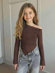 Firerie Kids Firerie Kids 少女不对称肩部设计针织印花休闲时尚亲子装上衣 - 棕色 - 查看 1