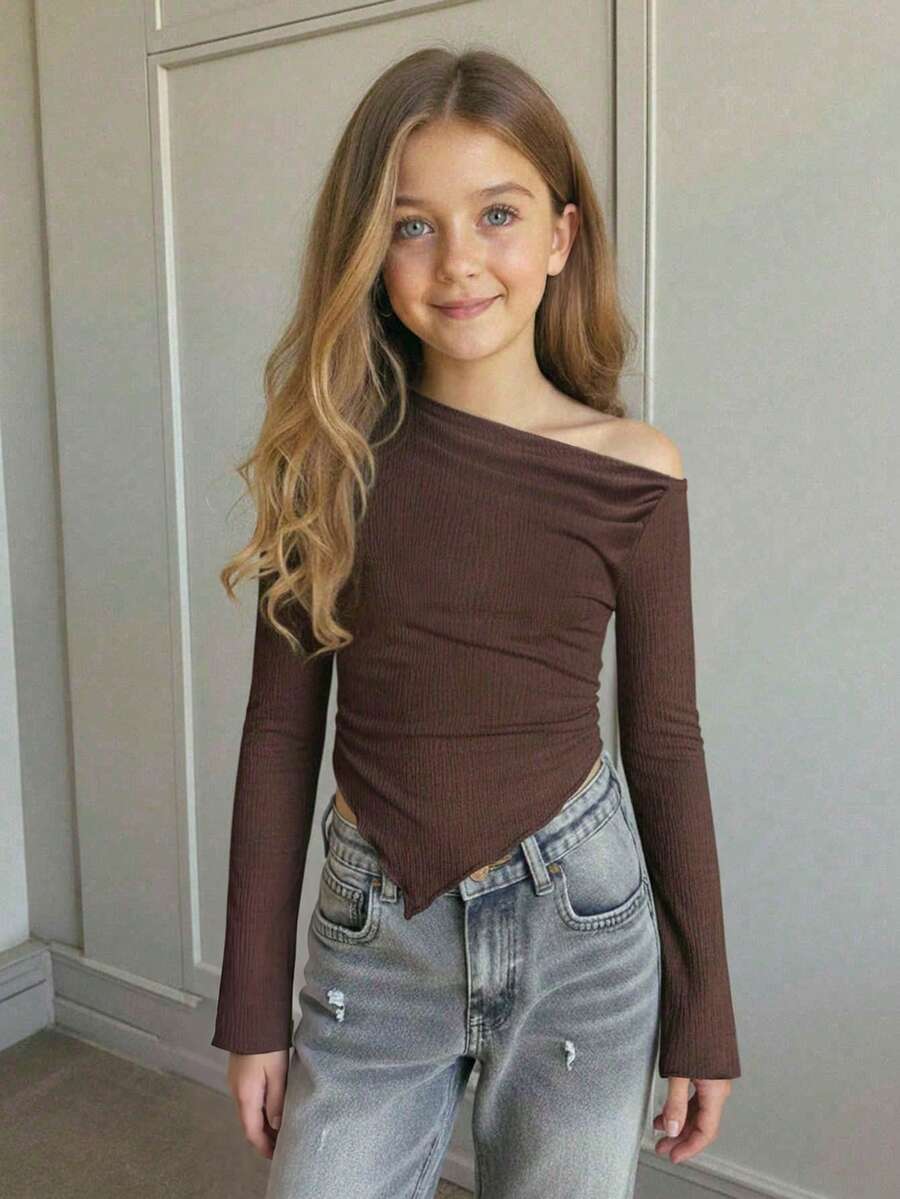 Firerie Kids Firerie Kids 少女不对称肩部设计针织印花休闲时尚亲子装上衣 - 棕色 - 查看 1