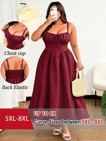 SHEIN CURVE+ Plus Size Women Burgundy Summer Elegant Wedding Guest Solid Color Front Tie Bow Spaghetti Strap Maxi Beach Dress,Resort Party Music Festival,5XL-8XL