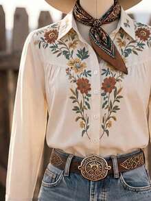 LanaWest CURVE Plus Size Women's Woven Regular Fit Autumn/Winter American Western Vintage Country Floral Embroidery Lapel Long Sleeve Single-Breasted Loose Casual Shirt - Apricot - View 3