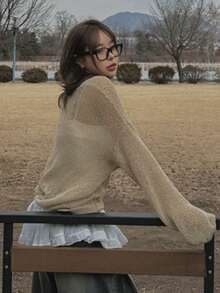 DAZY Women's Solid Color Loose Long Sleeve Crew Neck Thin Knit Sweater, Casual Vacation Spring/Autumn - Apricot - View 2