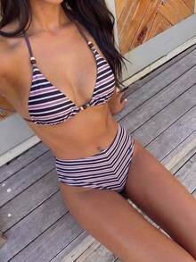 Glamine SHEIN Glamour 女款條紋泳衣套裝，棕色條紋，適合海灘度假，夏季性感熱帶風 - 彩色 - 查看 12
