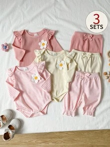 SHEIN Playful Pals 3套女嬰連身衣褲套裝，可愛甜美風，灰粉色、奶油黃、粉色條紋，3D雛菊荷葉邊蝴蝶結飛袖圓領，生日派對秋季款 - 彩色 - 查看 10