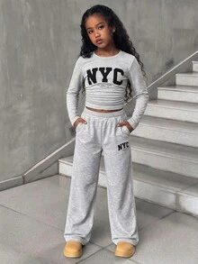 SHEIN Tween女孩適用 NYC圖案長袖上衣與長褲兩件套，淺灰色，百搭秋冬套裝 - 灰色 - 查看 4