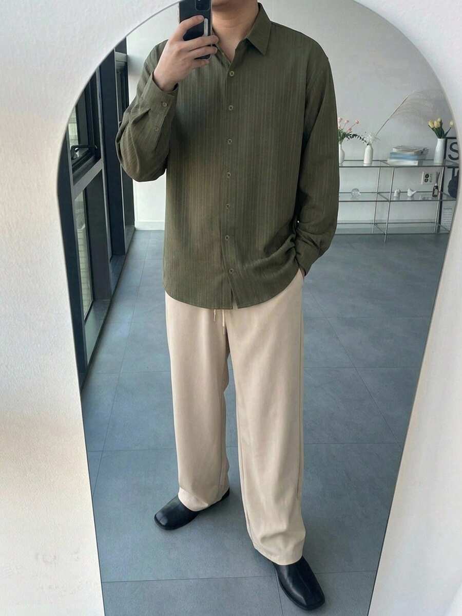 DAZY Spring/Autumn Long Sleeve Army Green Shirt With Apricot Long Pants Embroidered Chest Commuter Men's Shirt Set - Multicolor - View 1