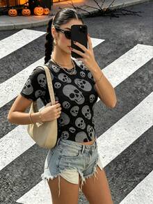 Aidyla Women's Dark Style Full Print Faux Rhinestone Skull Pattern Black And White Fashion Crew Neck Short Sleeve Slim Fit Cropped T-Shirt Halloween Sexy - Multicolor - View 4