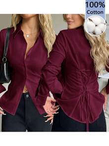 SHEIN EZwear 100%純棉酒紅色女款休閒百搭前鈕扣後收腰修身長袖襯衫，適合秋冬穿著 - 酒紅色 - 查看 9